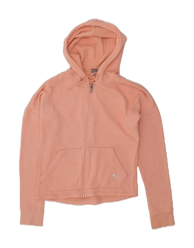 PUMA Womens Zip Hoodie Sweater UK 6 XS Pink Cotton Zippered Buttoned Snapped