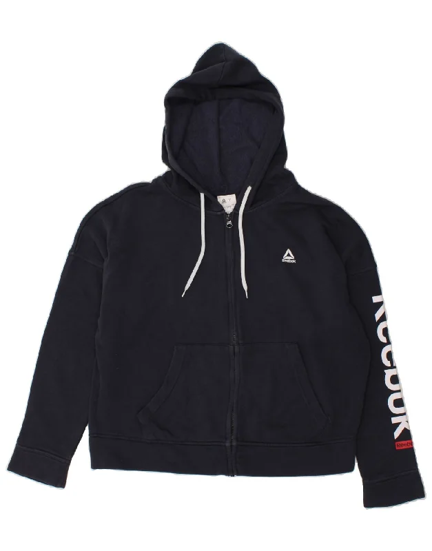 REEBOK Womens Graphic Zip Hoodie Sweater UK 14/16 Large Navy Blue Solid Print Embellished REEBOK Womens Graphic Zip Hoodie Sweater UK 14/16 Large Navy Blue Solid Print Embellished