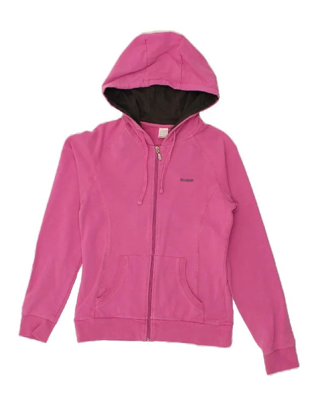 REEBOK Womens Zip Hoodie Sweater UK 12 Medium Pink Cotton Tailored Straight A-Line
