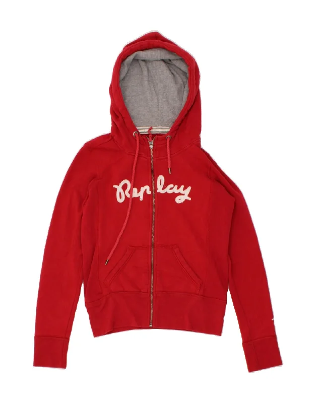 REPLAY Womens Graphic Zip Hoodie Sweater UK 12 Medium Red Cotton Sequined Glittery Shiny
