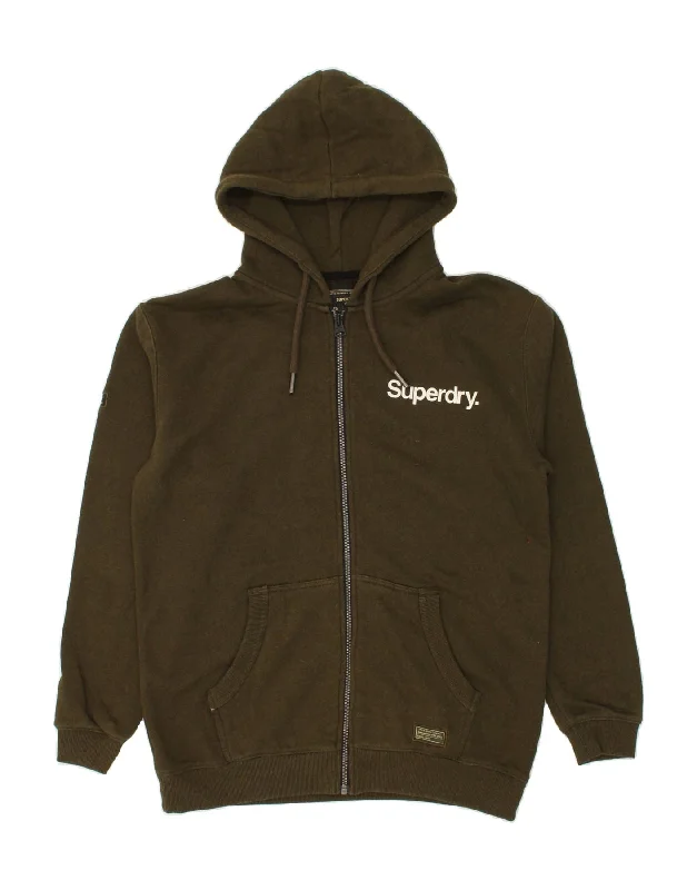 SUPERDRY Mens Zip Hoodie Sweater Small Khaki Cotton Anti-Pilling Anti-Shrink Durable