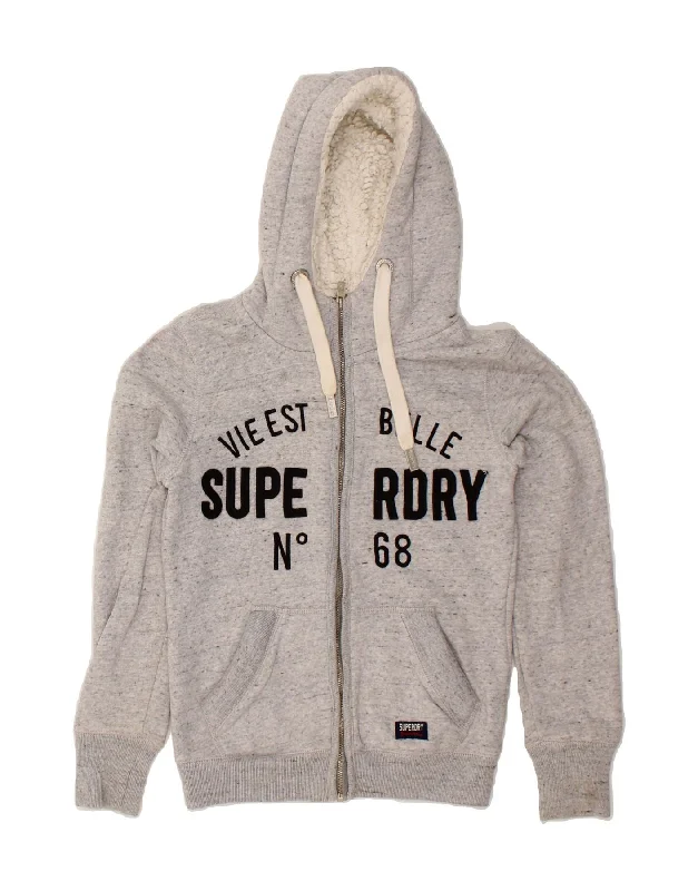 SUPERDRY Womens Graphic Zip Hoodie Sweater UK 10 Small Grey Flecked Cotton Herringbone Houndstooth Plaid