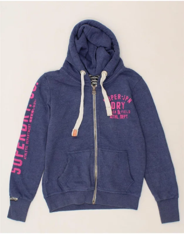 SUPERDRY Womens Graphic Zip Hoodie Sweater UK 16 Large Blue Cotton Embroidered Appliqued Beaded