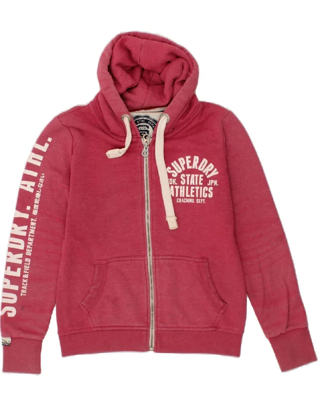 SUPERDRY Womens Graphic Zip Hoodie Sweater UK 16 Large Pink Cotton Transparent Opaque Sheer SUPERDRY Womens Graphic Zip Hoodie Sweater UK 16 Large Pink Cotton Transparent Opaque Sheer