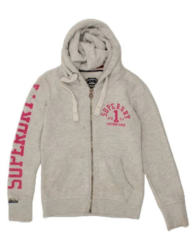 SUPERDRY Womens Graphic Zip Hoodie Sweater UK 6 XS Grey Cotton Thin Thick Dense