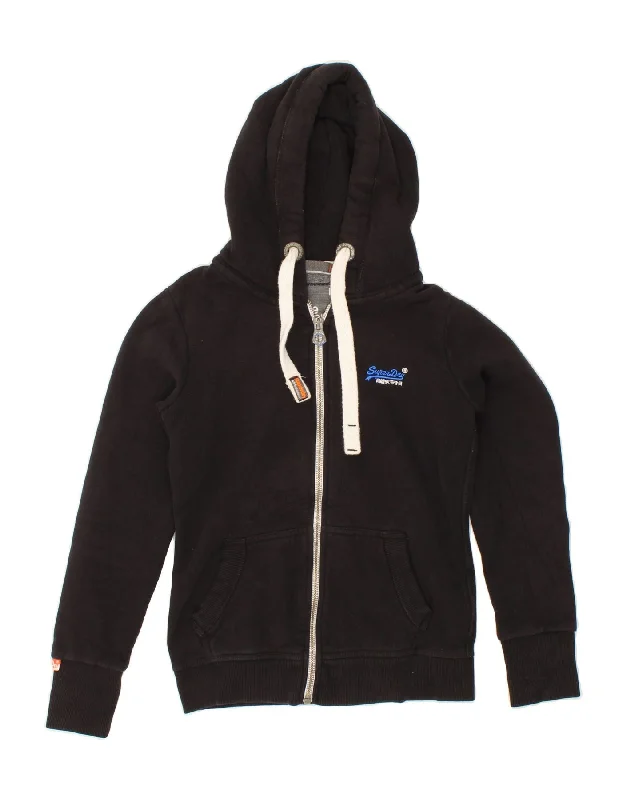 SUPERDRY Womens Zip Hoodie Sweater UK 10 Small Black Cotton Fleece Sweater Nylon Polyester SUPERDRY Womens Zip Hoodie Sweater UK 10 Small Black Cotton Fleece Sweater Nylon Polyester