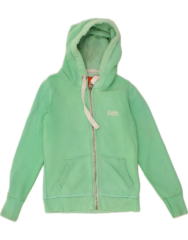 SUPERDRY Womens Zip Hoodie Sweater UK 10 Small Green Cotton Zippered Front Buttoned Front Snap Front