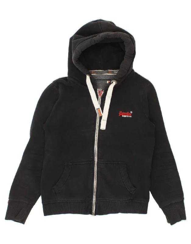SUPERDRY Womens Zip Hoodie Sweater UK 12 Medium Black Cotton Graphic Sweater Embroidered Appliqued SUPERDRY Womens Zip Hoodie Sweater UK 12 Medium Black Cotton Graphic Sweater Embroidered Appliqued