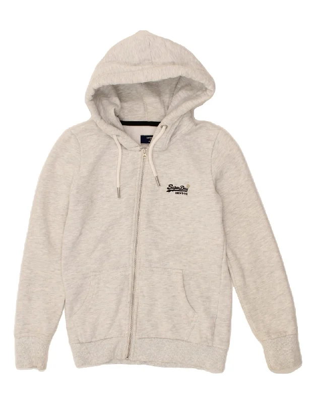 SUPERDRY Womens Zip Hoodie Sweater UK 8 Small Grey Cotton Tailored Straight A-Line