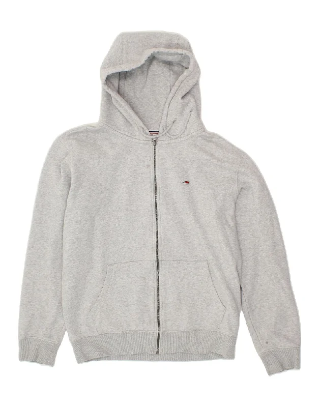 TOMMY HILFIGER Womens Zip Hoodie Sweater UK 16 Large Grey Cotton Houndstooth Herringbone Solid