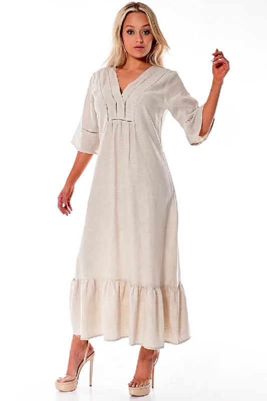 Azucar 100% Linen Ladies 3/4 Sleeves & Ruffled Hem Long Dress in (2) Colors - LLD1695 Tunics Corduroy durable