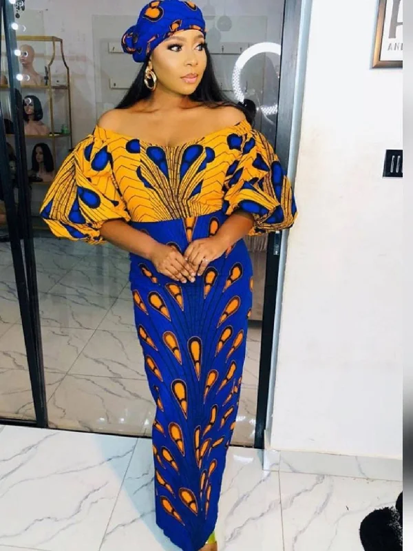 Blue and Yellow African Fabric Long Dress with Big Sleeves Tunics Sale discount