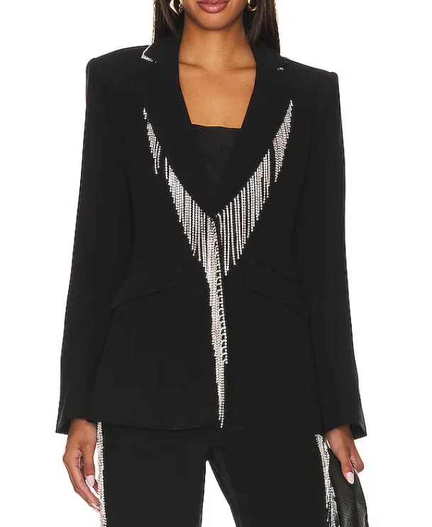 Cinq a Sept Women Rhinestone Fringe Embroidered Cheyenne Blazer Black Women's Stripe Blazer