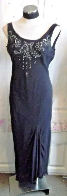 Coast black silk bias cowl evening long dress gown silver embroidery bead sequin Boat Neckline Classic