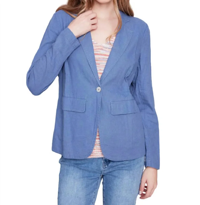 Denim Solid Linen Blazer In Blue Women's Classic Blazer