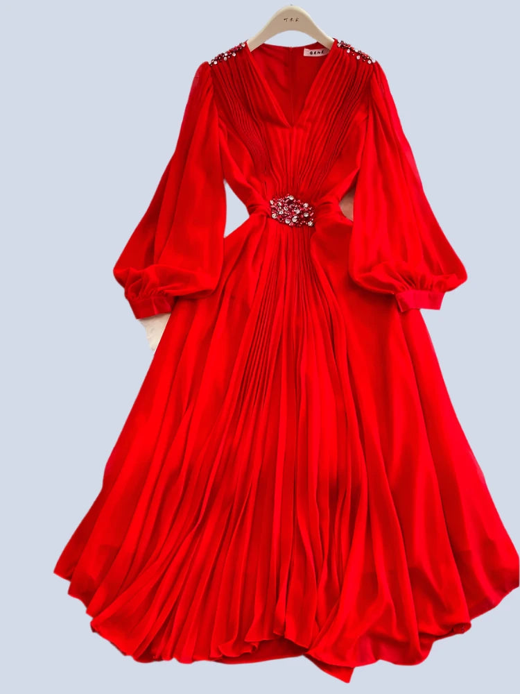 Women Diamonds Draped Chiffon Pleated Long Dress Elegant Puff Sleeve Dress Tunics Bridal satin Women Diamonds Draped Chiffon Pleated Long Dress Elegant Puff Sleeve Dress Tunics Bridal satin