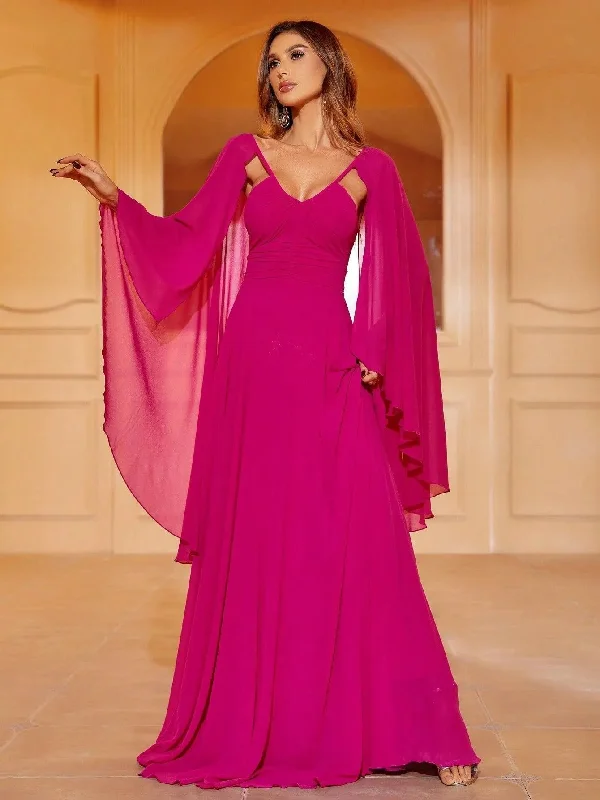 Elegant Cape Sleeves Chiffon Formal Dress Shift Classic Vintage