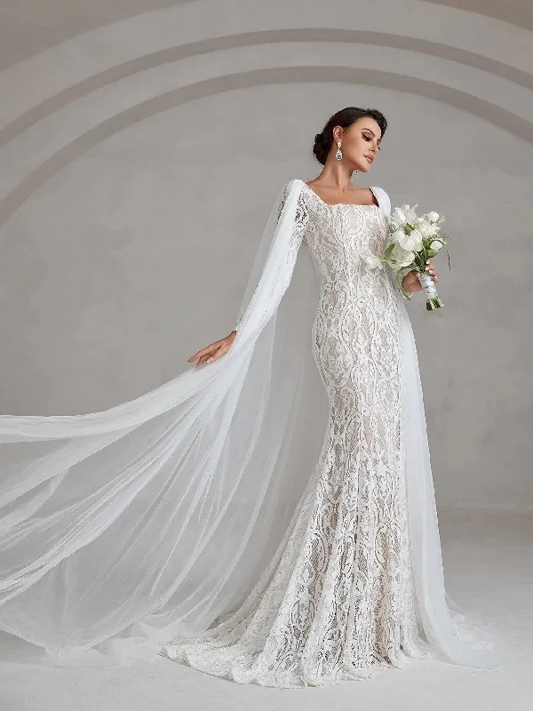 Elegant Square Neck Mermaid Lace Wedding Dress With Cape Tunics Modern contemporary