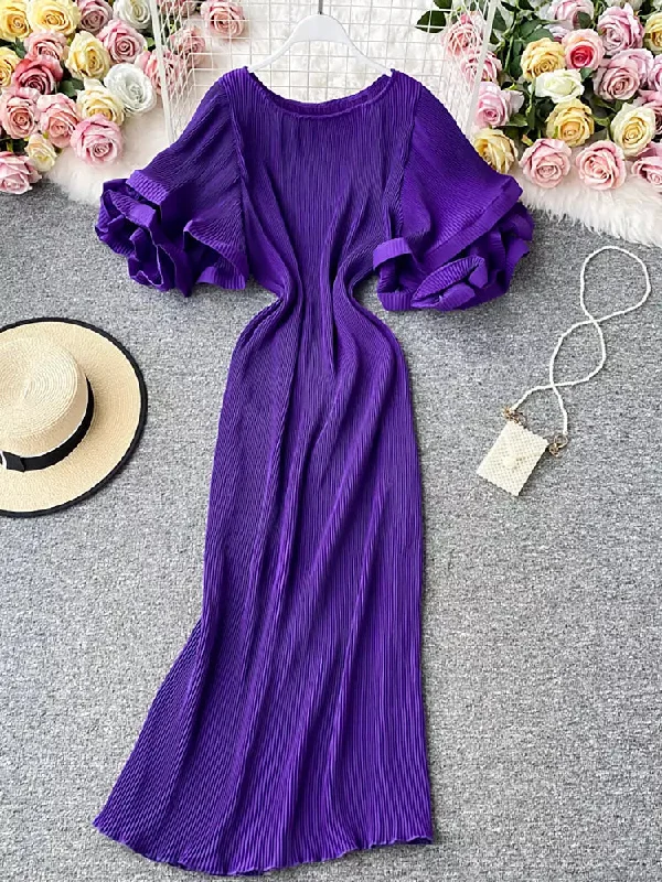 Flare Short Sleeve Waist Ruffle Long Dress sweetheart Neckline Romantic