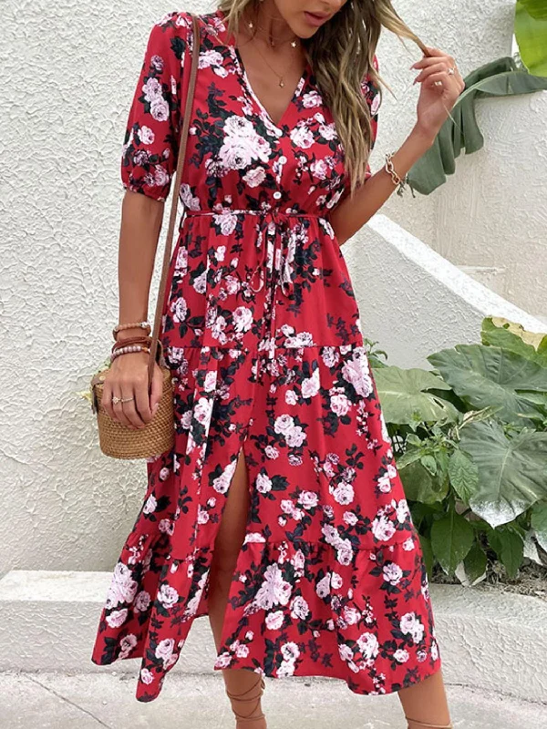 Floral Split Tie-Waist Dress Tunics Practical durable