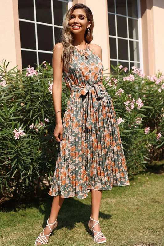 Floral Tie Waist Pleated Dress Tunics Favorite customer