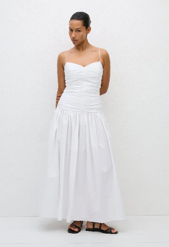 Gathered Drop Waist Dress - White A-Line Day Work