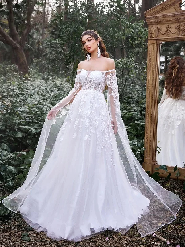 Gorgeous Off Shoulder Cape Sleeves Floral Applique Detail Wedding Dress Tunics Fashionable trendy Gorgeous Off Shoulder Cape Sleeves Floral Applique Detail Wedding Dress Tunics Fashionable trendy