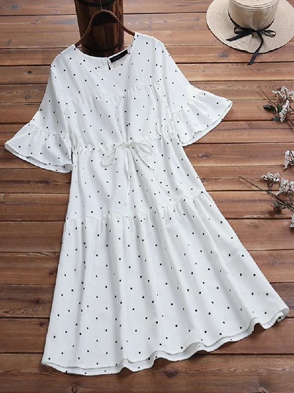Half Sleeve Polka Dot Print Drawstring Waist Vintage Dress Tunics Cozy soft