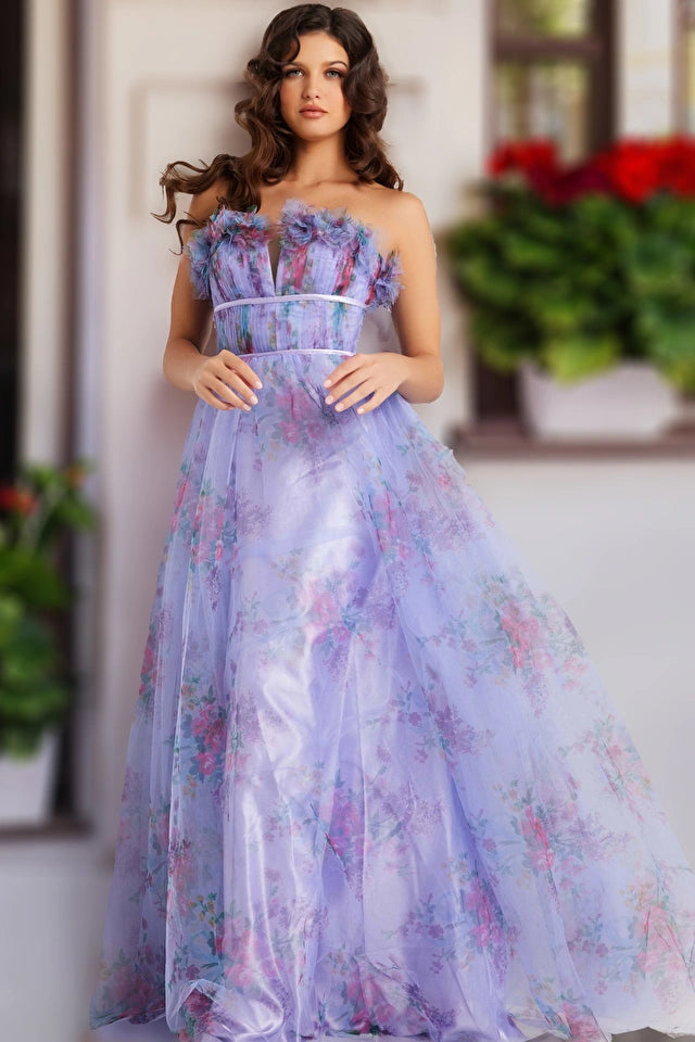 Jovani 39151 Long Prom Dress Strapless A-Line High Waist Pleated Bodice Ruffle Trimming Floral Print Formal Pageant Gown Tunics Denim casual Jovani 39151 Long Prom Dress Strapless A-Line High Waist Pleated Bodice Ruffle Trimming Floral Print Formal Pageant Gown Tunics Denim casual