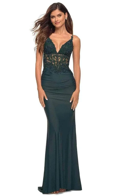 La Femme - 31128 V Neck Sheer Lace Long Dress Tunics Formal black