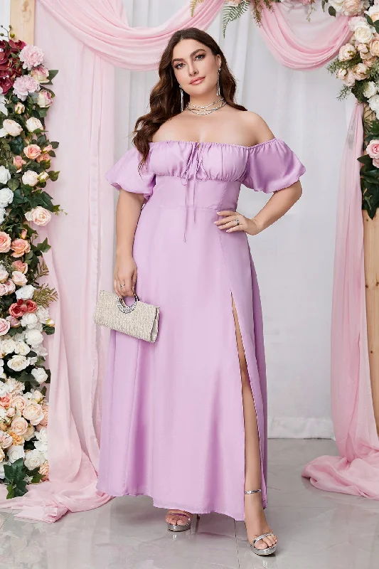 Lavender Off-the-Shoulder Empire Chiffon Long Dress with Slit Tunics Bridal satin