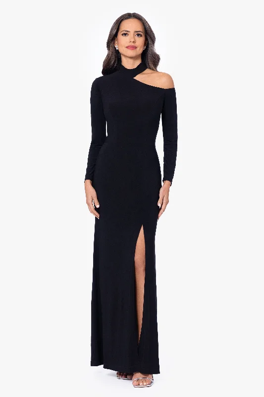 "Aletta" Jersey Knit Long Sleeve One Shoulder Cut Out Long Dress Tunics Seasonal trendy "Aletta" Jersey Knit Long Sleeve One Shoulder Cut Out Long Dress Tunics Seasonal trendy