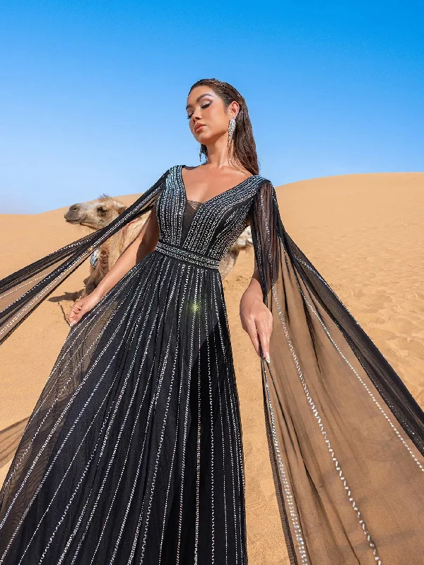 Luxury Gorgeous Rhinestone Detail Plunging Neck Cape Sleeves Formal Prom Dress Turtleneck Warm Winter Luxury Gorgeous Rhinestone Detail Plunging Neck Cape Sleeves Formal Prom Dress Turtleneck Warm Winter