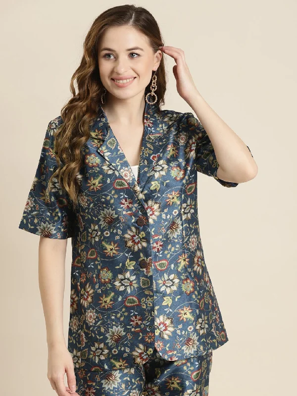 Navy Floral Short Sleeves Blazer Women's Fashion Blazer