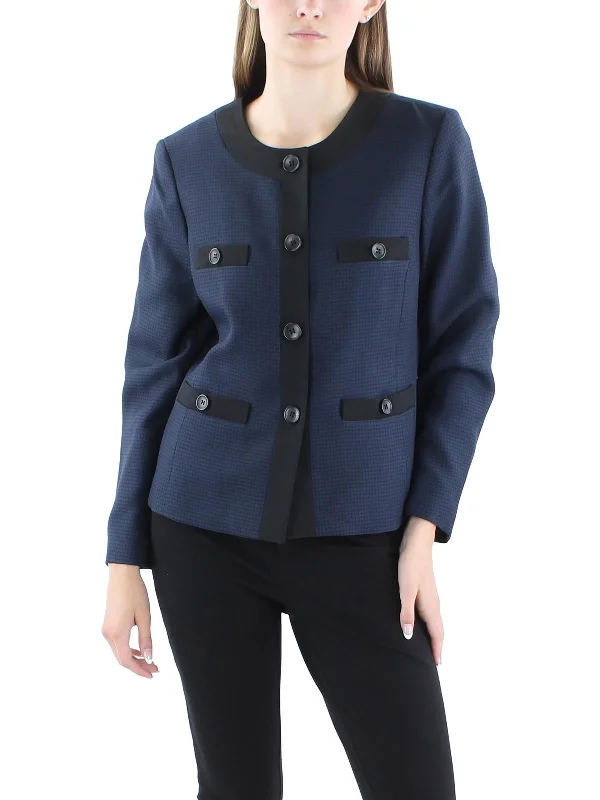 Petites Womens Houndstooth Polyester Collarless Blazer Slimming Women's Blazer