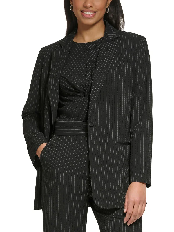 Petites Womens Pinstripe Polyester One-Button Blazer Women's Trendy Jacket