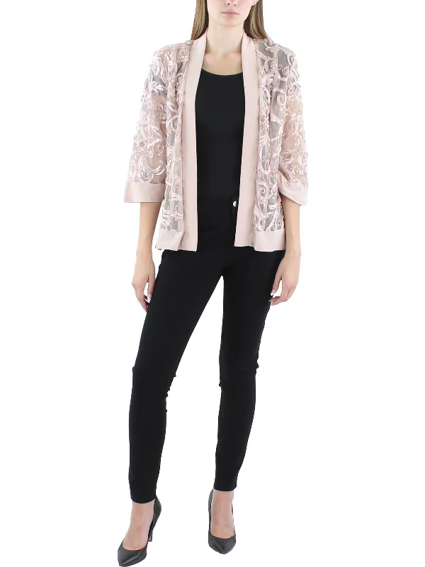 Petites Womens Soutache Open Front Collarless Blazer Women's Unique Blazer