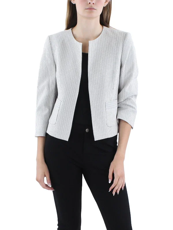 Petites Womens Striped Polyester Open-Front Blazer Women's Premium Blazer