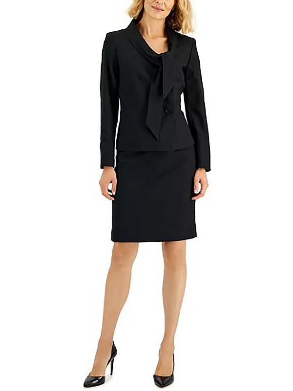 Petites Womens Tie Neck Business Two-Button Blazer Women's Solid Blazer