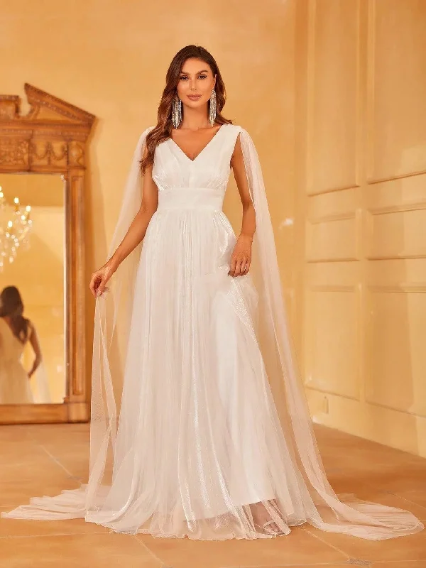 Plunging Neck A Line Wedding dress With Cape Tunics Distressed trendy