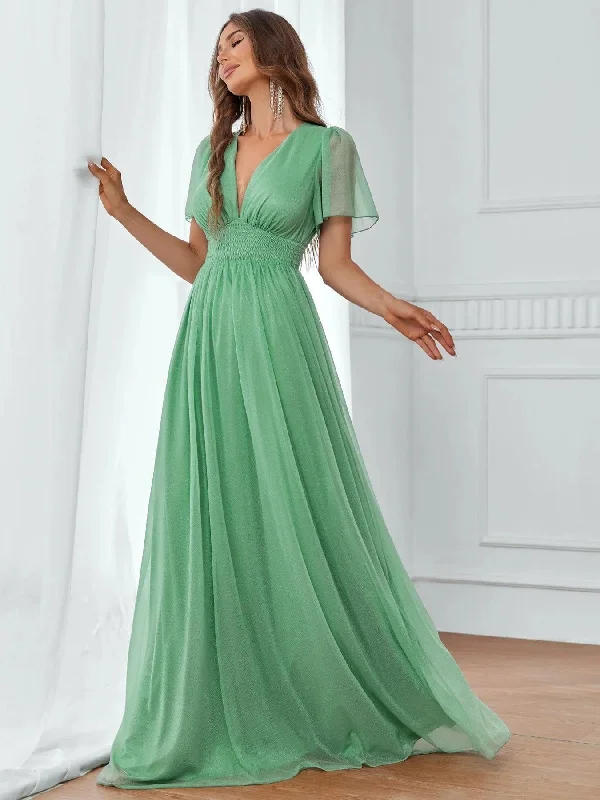 Plunging Neck Shirred Waist Butterfly Sleeve A Line Dress Tunics Yoga stretchy