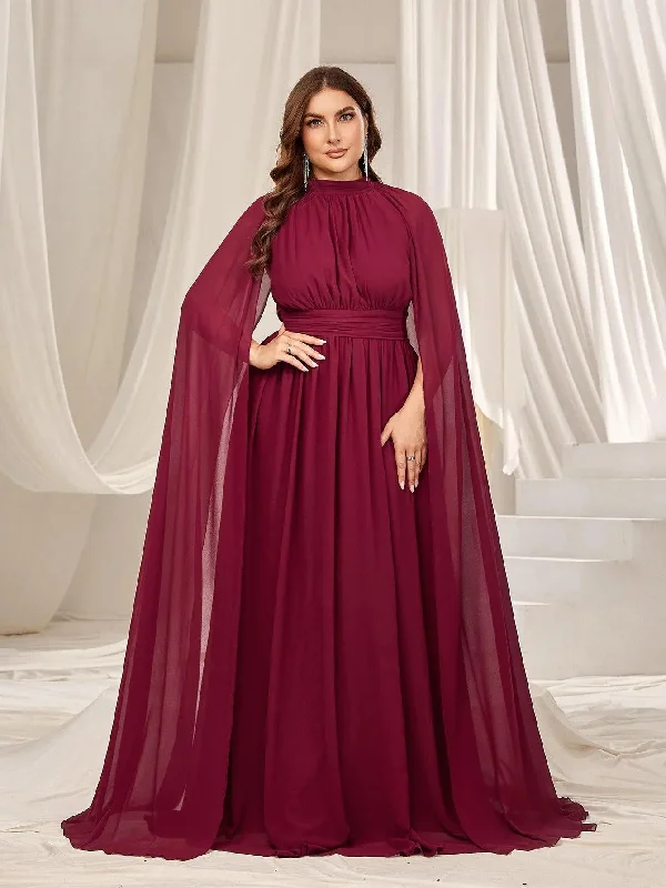 Plus Mock Neck Cloak Sleeves Chiffon Formal Cape Dress Tunics Stylish elegant