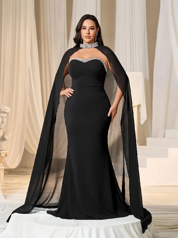 Plus Rhinestone Detail Mermaid Hem Formal Tube Dress with Cape Halter Neckline Beach Plus Rhinestone Detail Mermaid Hem Formal Tube Dress with Cape Halter Neckline Beach