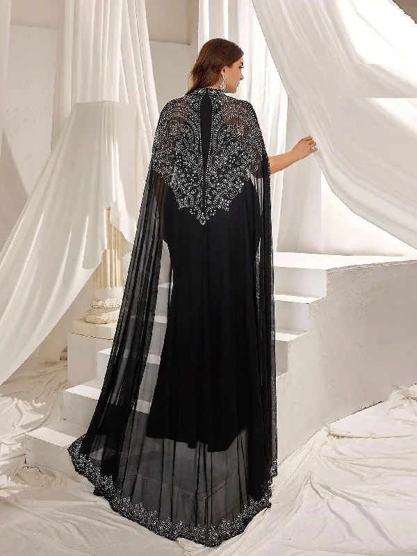 Plus Rhinestone Detail Mock Neck Mermaid Hem Formal Cape Dress Tunics Fashionable trendy Plus Rhinestone Detail Mock Neck Mermaid Hem Formal Cape Dress Tunics Fashionable trendy