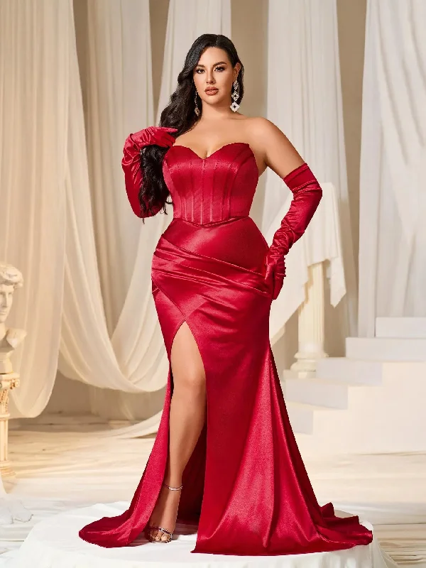 Plus Ruched Wrap Hem Satin Tube Prom Dress（Gloves Included） Tunics Luxurious premium