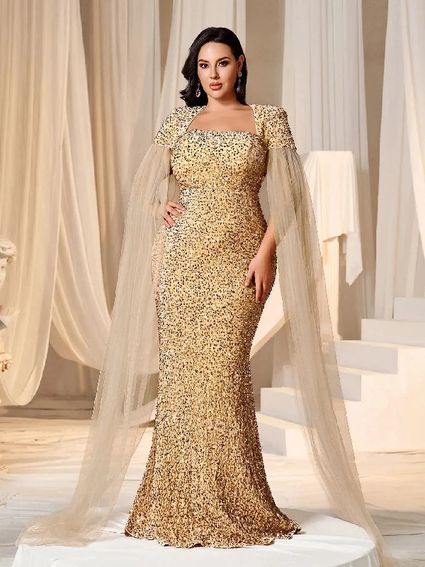 Plus Square Neck Cape Sleeves Sequin Mermaid Dress Tunics Chic elegant