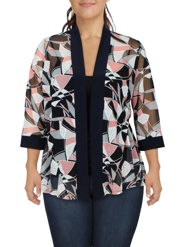 Plus Womens Abstract Open Front Collarless Blazer Women's Lightweight Blazer
