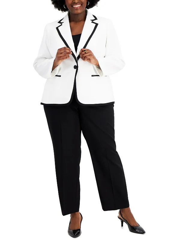 Plus Womens Contrast Trim Crepe One-Button Blazer Women's Trendy Jacket