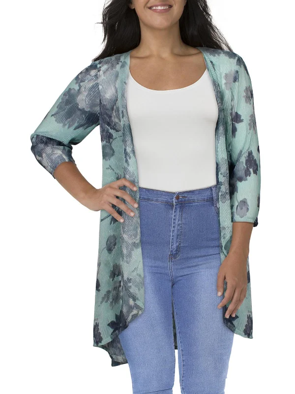 Plus Womens Crinkled Floral Duster Blazer Women's Professional Jacket