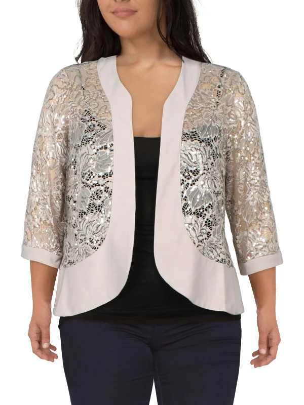 Plus Womens Lace Sequined Open-Front Blazer Women's Casual Suit